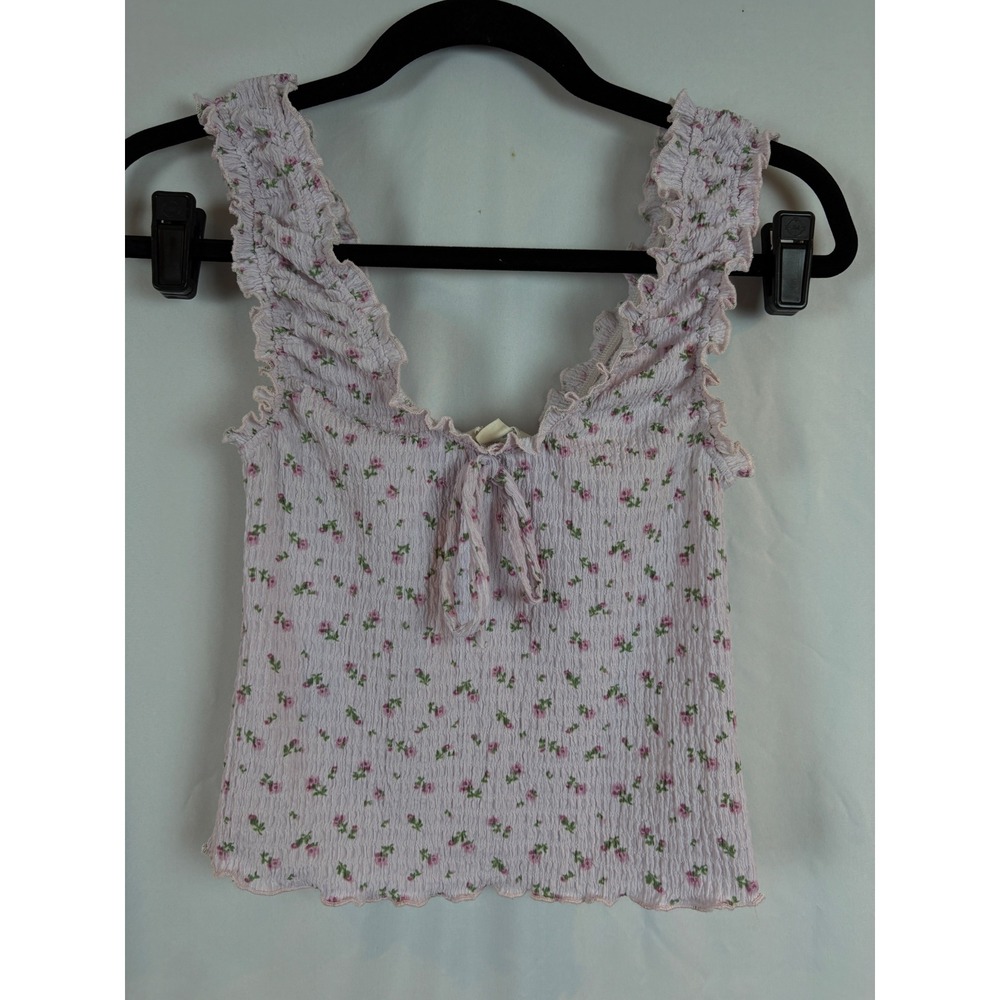 Lavender Pink Floral Smocked Ruffle Tie Front Tank Top Sleeveless Lettuce Hem
